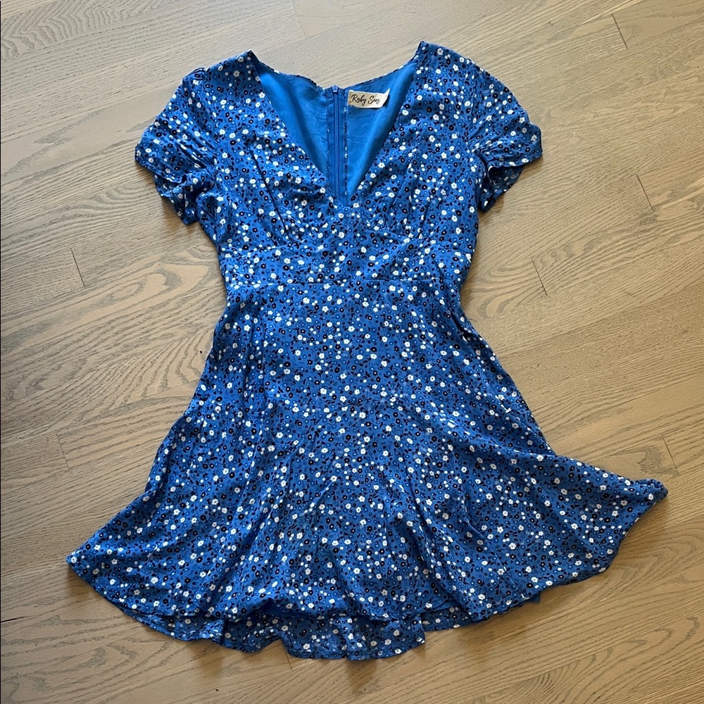 Dazzling Blue Mini Dress with Floral Accents